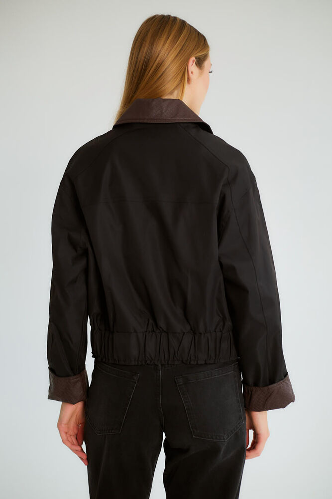 Yaka Detaylı Fermuarlı Bomber - Siyah - 5