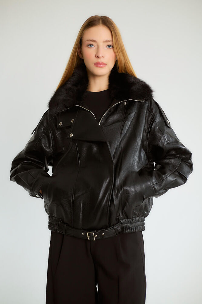 Kürk Yakalı Biker - Siyah - 4