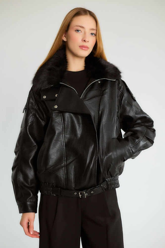 Kürk Yakalı Biker - Siyah - 2
