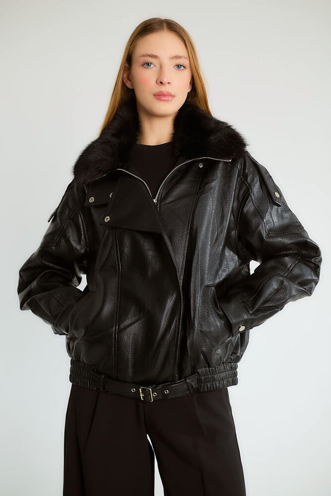 Kürk Yakalı Biker - Siyah - 1