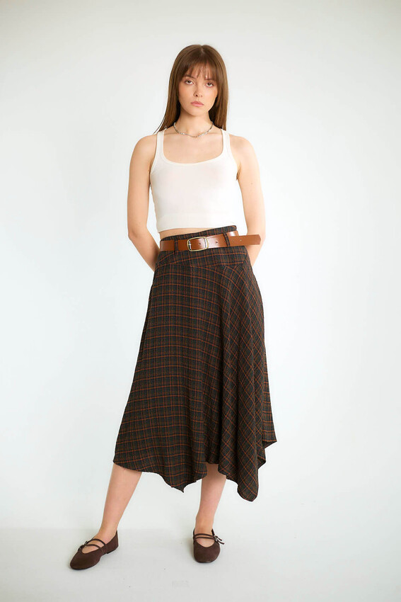 Ekose Asimetrik Midi Etek - Taba - 3
