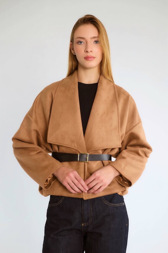 Kruvaze Yaka Kemerli Oversize Mont - Taba