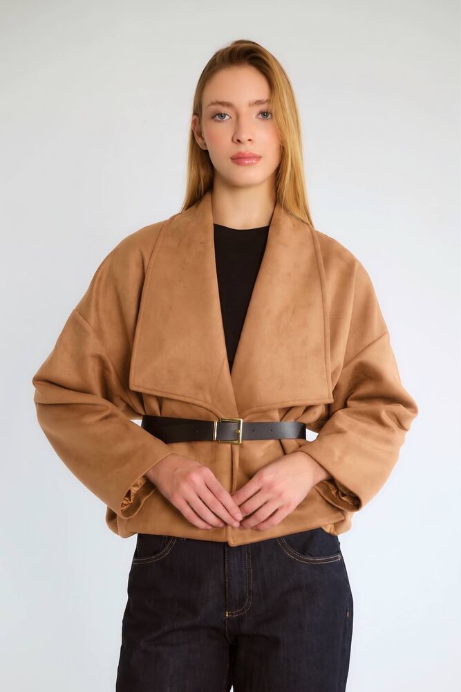 Kruvaze Yaka Kemerli Oversize Mont - Taba - 1