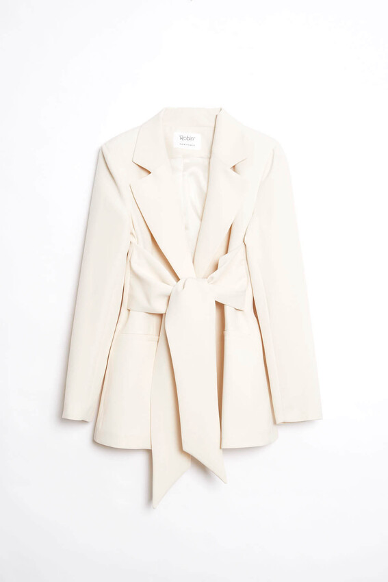Kuşak Detaylı Kruvaze Yaka Blazer - Taş