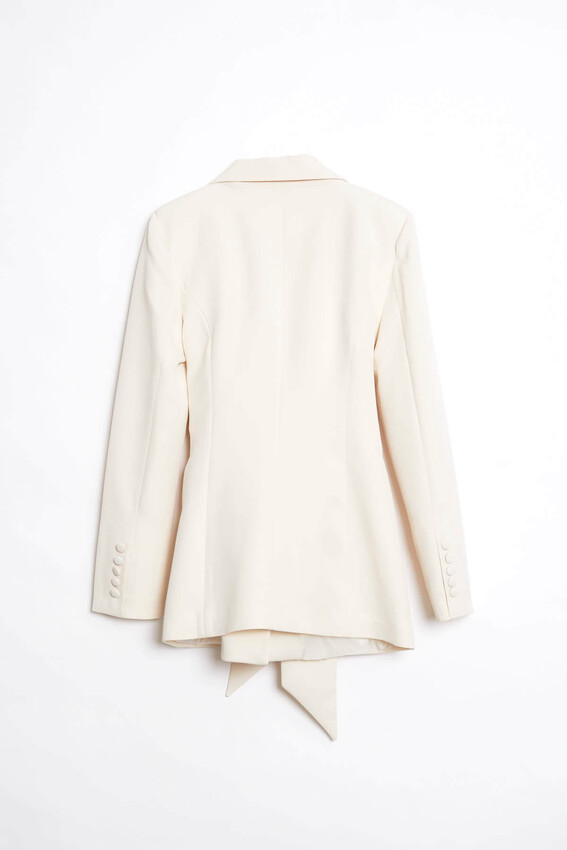 Kuşak Detaylı Kruvaze Yaka Blazer - Taş - 2