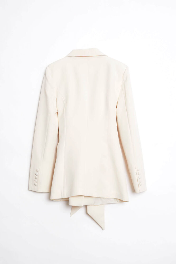 Kuşak Detaylı Kruvaze Yaka Blazer - Taş - 2