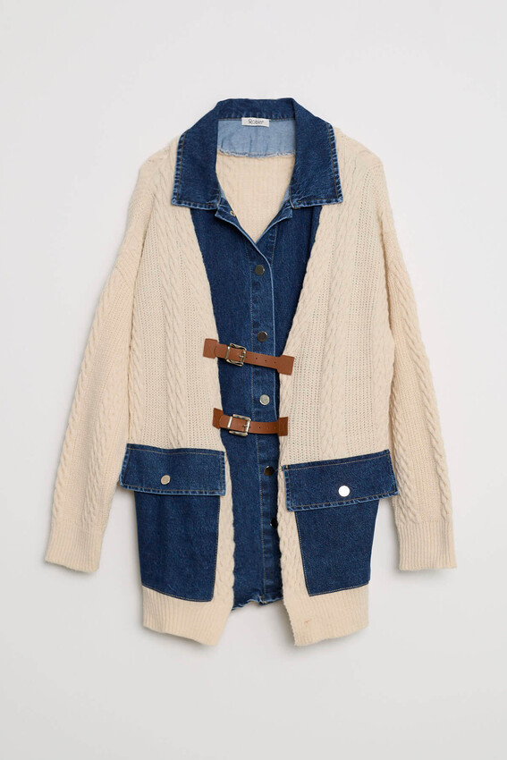 Denim Detaylı Tokalı Topuz Örgülü Örgü Hırka - Taş - 4