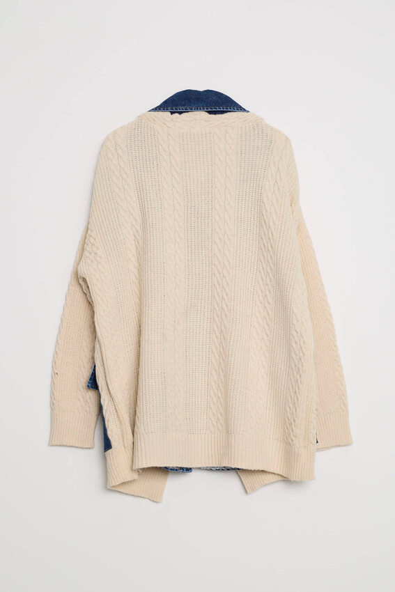 Denim Detaylı Tokalı Topuz Örgülü Örgü Hırka - Taş - 5