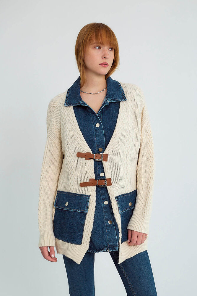 Denim Detaylı Tokalı Topuz Örgülü Örgü Hırka - Taş - 1