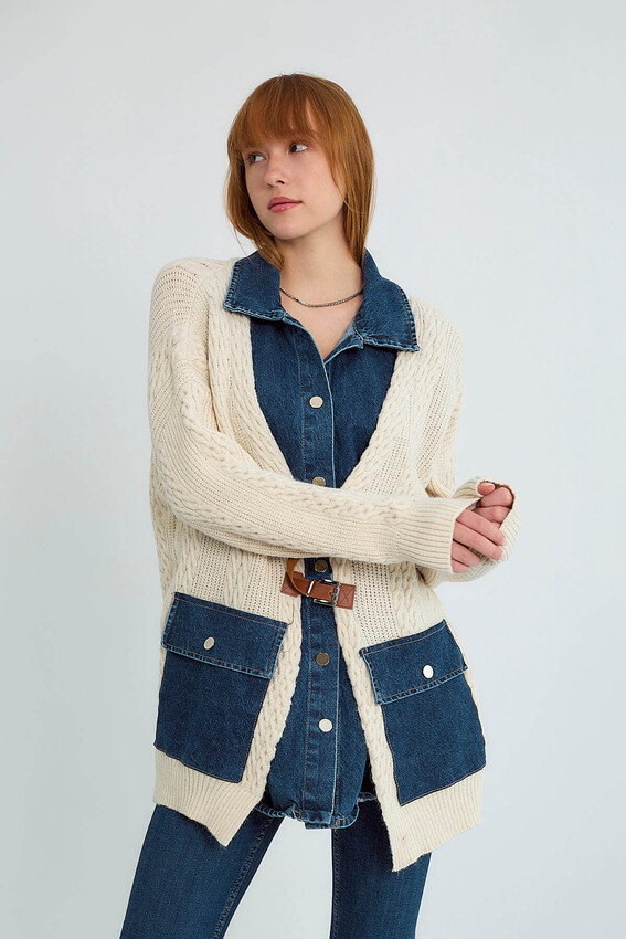 Denim Detaylı Tokalı Topuz Örgülü Örgü Hırka - Taş - 2