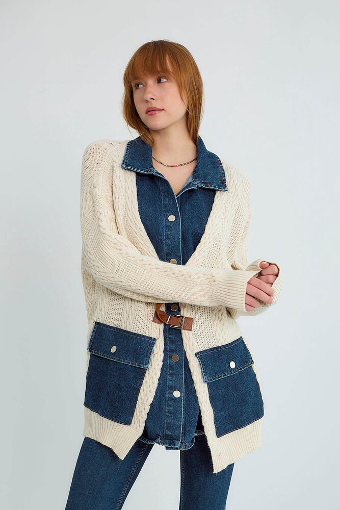 Denim Detaylı Tokalı Topuz Örgülü Örgü Hırka - Taş - 2