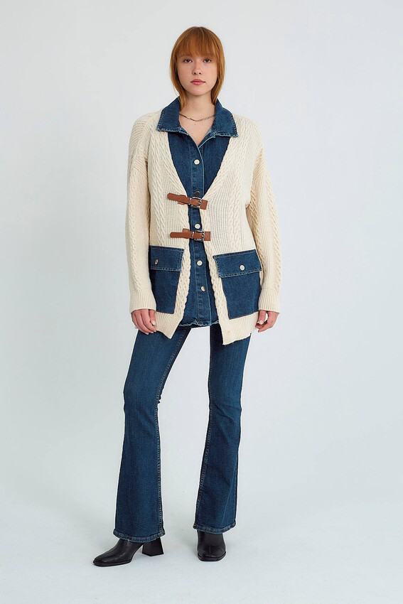Denim Detaylı Tokalı Topuz Örgülü Örgü Hırka - Taş - 3