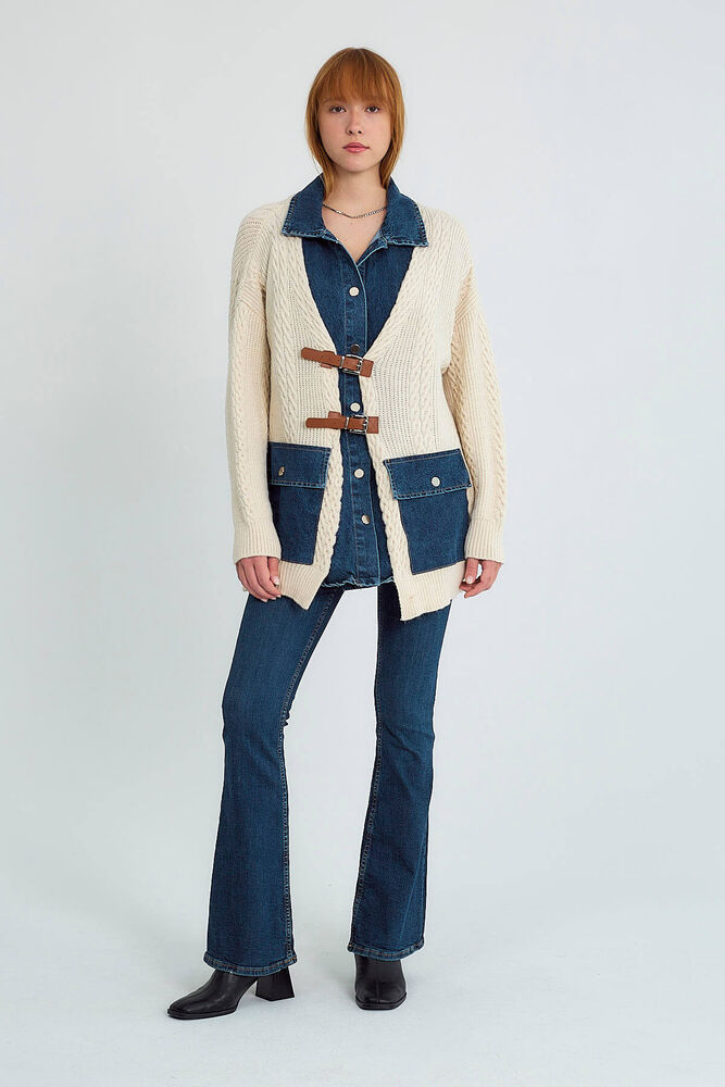 Denim Detaylı Tokalı Topuz Örgülü Örgü Hırka - Taş - 3