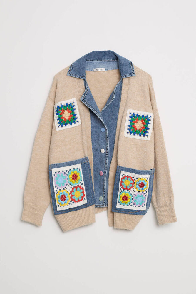 Çıtçıtlı Denim Yaka Detaylı Cepli Örgü Hırka - Taş - 3