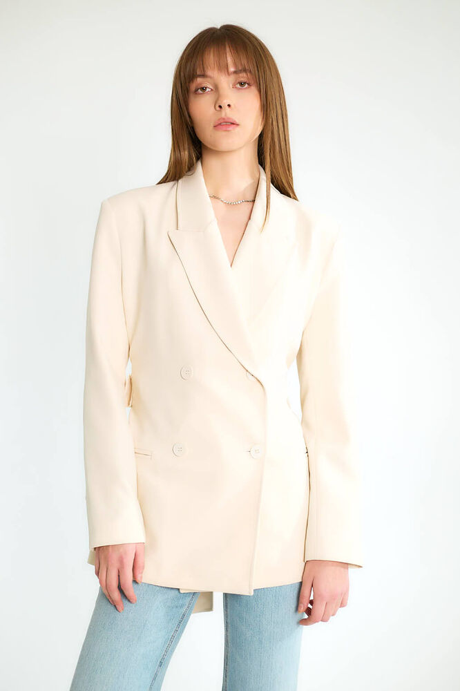 Kuşaklı Omuz Vatkalı Kruvaze Blazer - Taş - 1