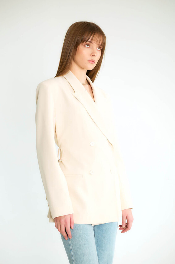 Kuşaklı Omuz Vatkalı Kruvaze Blazer - Taş - 2