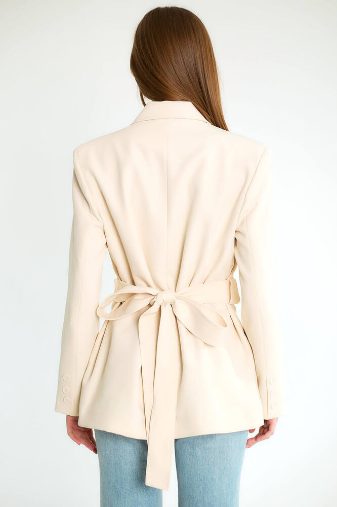 Kuşaklı Omuz Vatkalı Kruvaze Blazer - Taş - 4