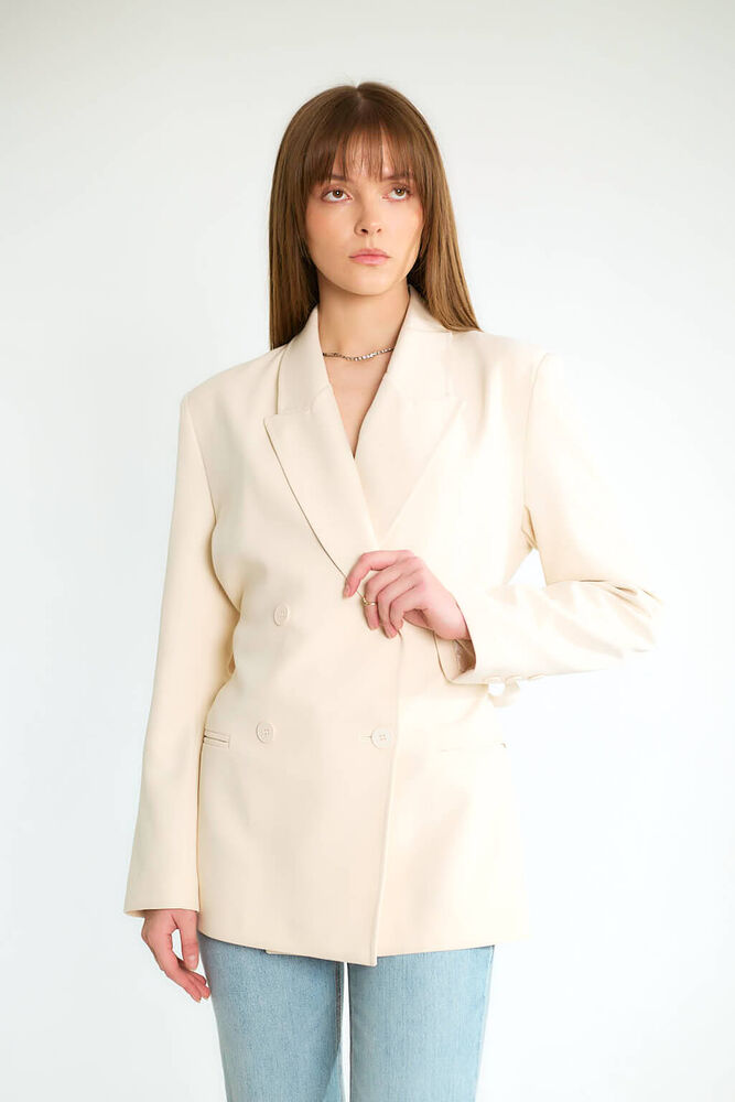 Kuşaklı Omuz Vatkalı Kruvaze Blazer - Taş - 3