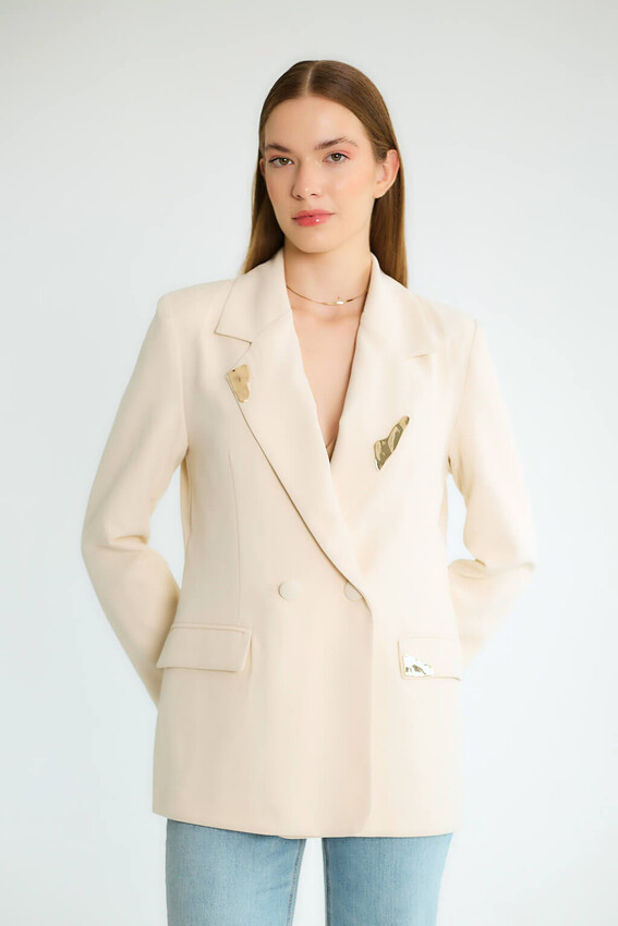 Taş Aksesuarlı Yaka Detaylı Blazer - Taş - 2