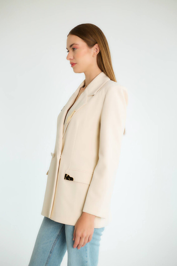 Taş Aksesuarlı Yaka Detaylı Blazer - Taş - 3