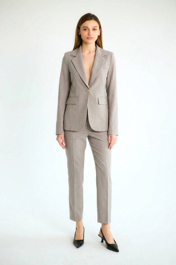 Tek Düğmeli Blazer Ceketli Dar Paça Pantolonlu Takım - Taş