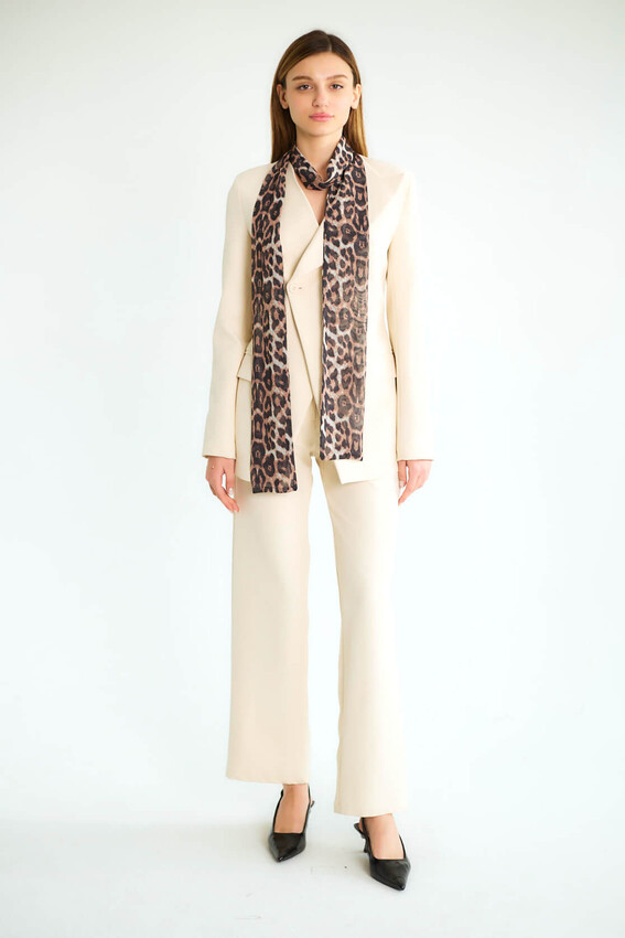 Leopar Eşarp Detaylı Blazer Ceketli Pantolonlu Takım - Taş