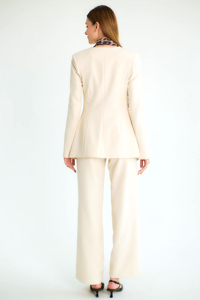 Leopar Eşarp Detaylı Blazer Ceketli Pantolonlu Takım - Taş - 4