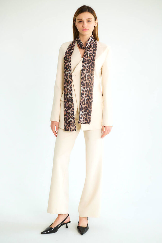 Leopar Eşarp Detaylı Blazer Ceketli Pantolonlu Takım - Taş - 3