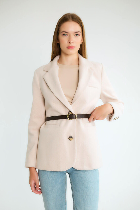 Kemerli Tek Düğmeli Blazer - Taş