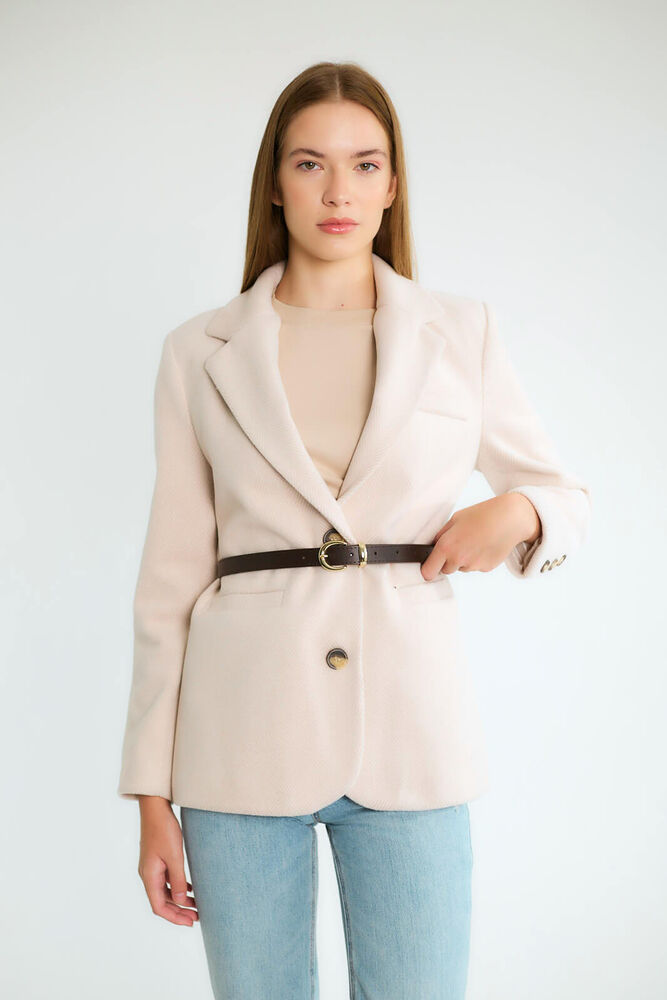 Kemerli Tek Düğmeli Blazer - Taş - 1