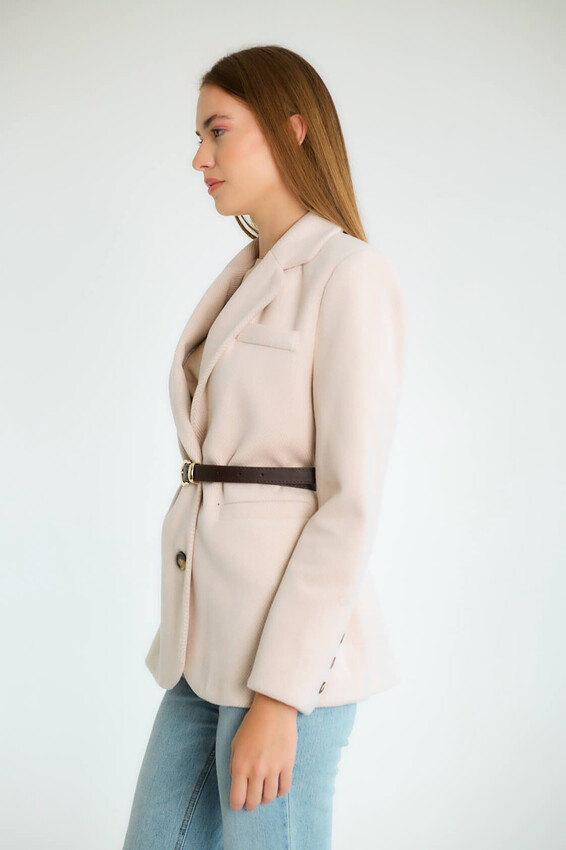 Kemerli Tek Düğmeli Blazer - Taş - 2