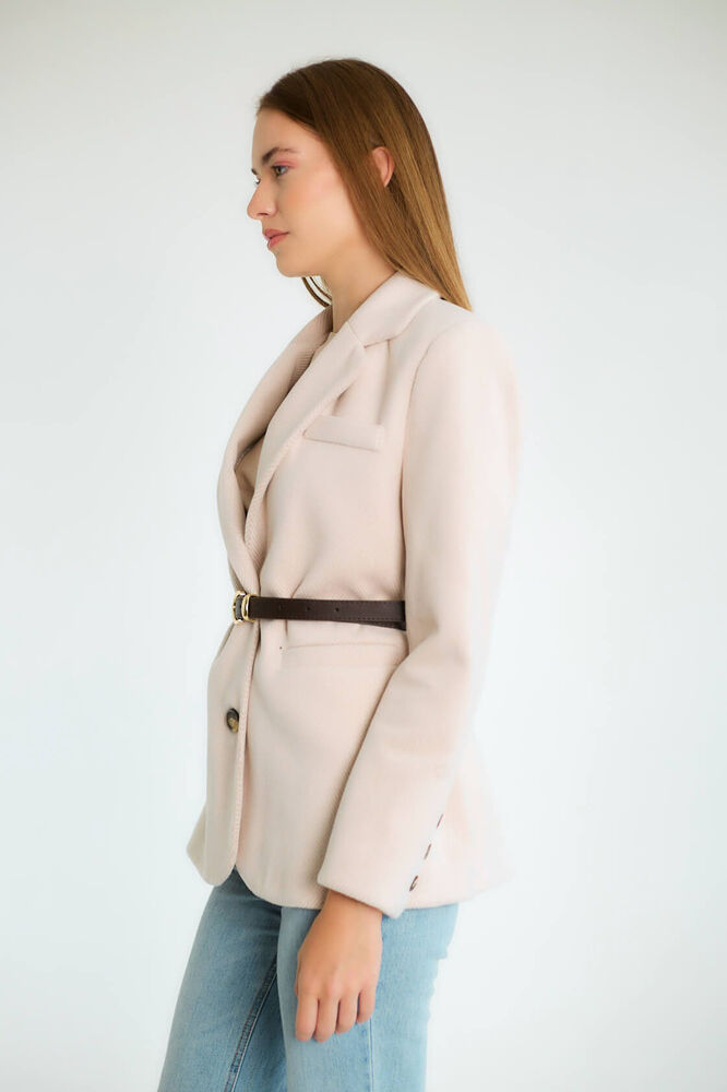 Kemerli Tek Düğmeli Blazer - Taş - 2