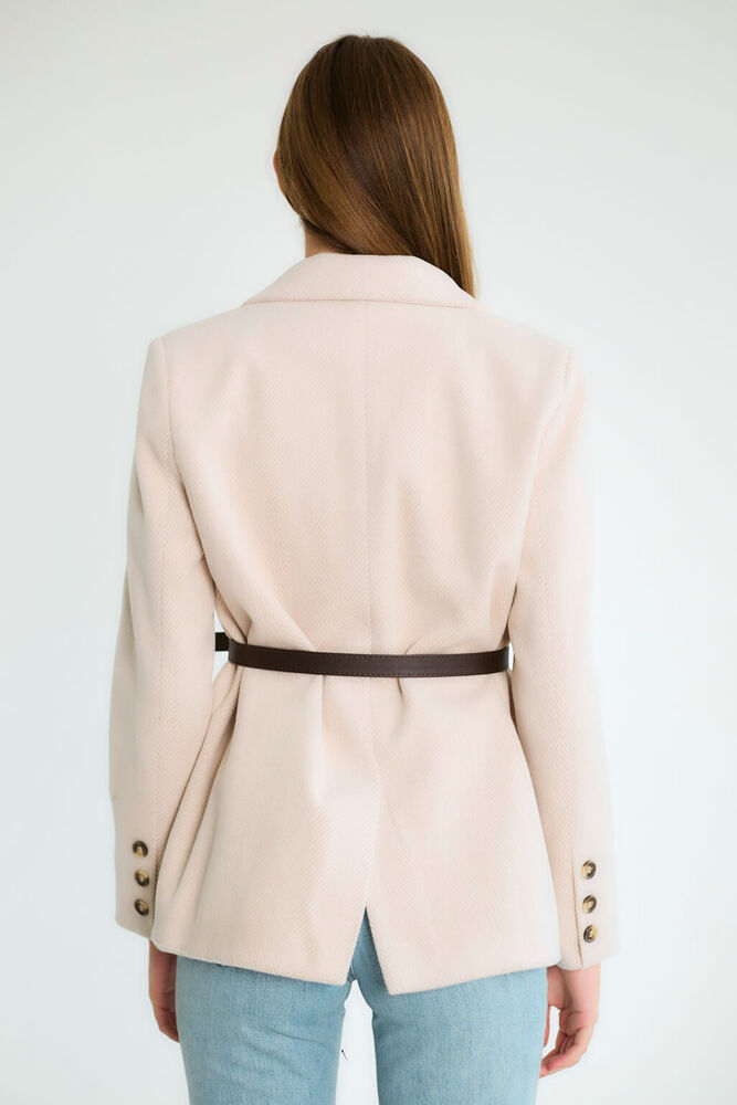 Kemerli Tek Düğmeli Blazer - Taş - 4