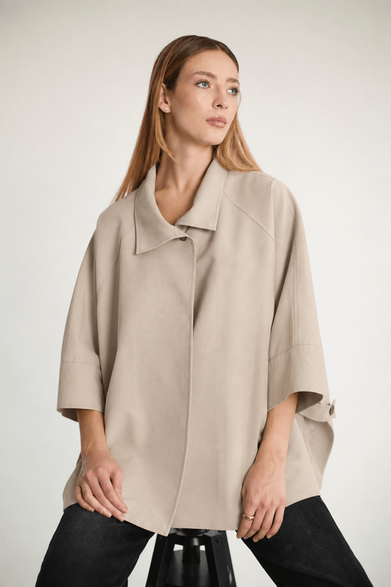 Oversize Pelerin Kollu Yakalı Trençkot - Taş