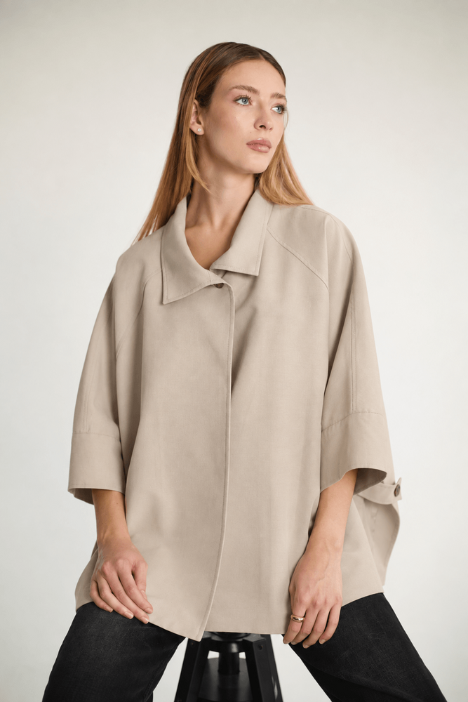 Oversize Pelerin Kollu Yakalı Trençkot - Taş - 1