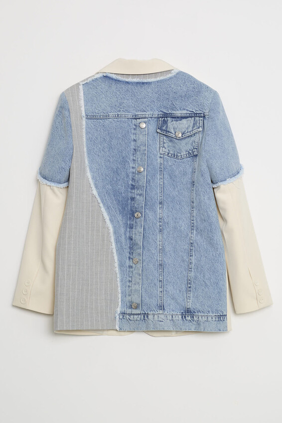 Kontrast Renkli Oversize Blazer - Taş-Lacivert - 2