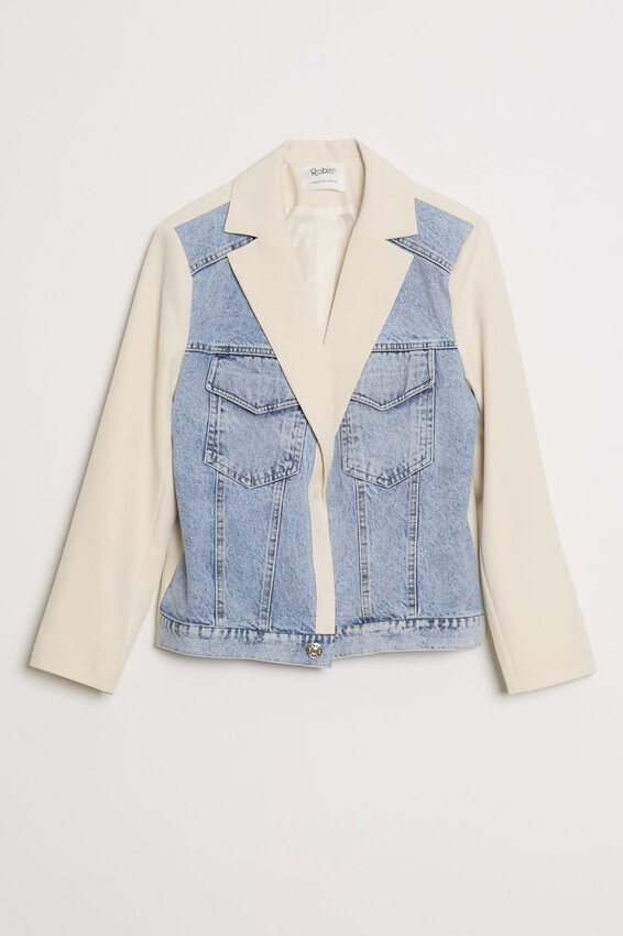 Denim Yelek Detaylı Blok Blazer Kısa Ceket - Taş-Lacivert
