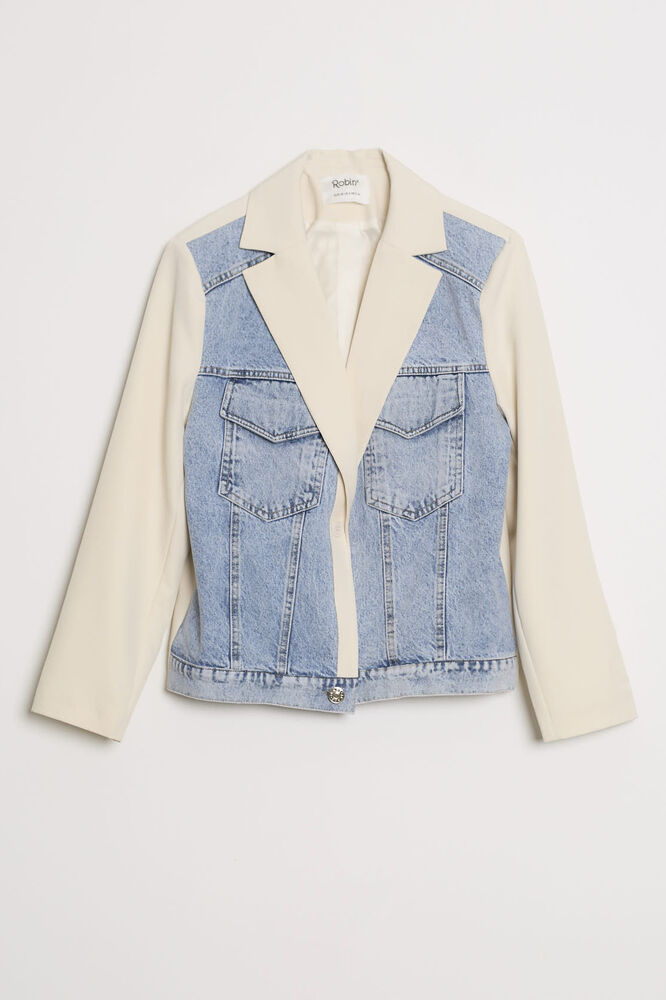 Denim Yelek Detaylı Blok Blazer Kısa Ceket - Taş-Lacivert - 1