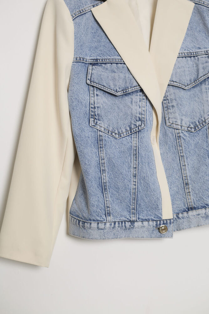 Denim Yelek Detaylı Blok Blazer Kısa Ceket - Taş-Lacivert - 2