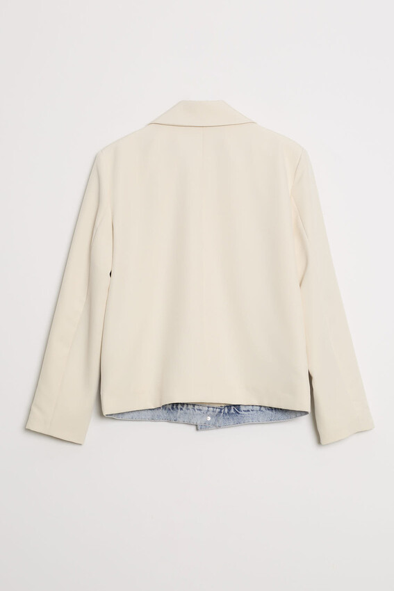 Denim Yelek Detaylı Blok Blazer Kısa Ceket - Taş-Lacivert - 3