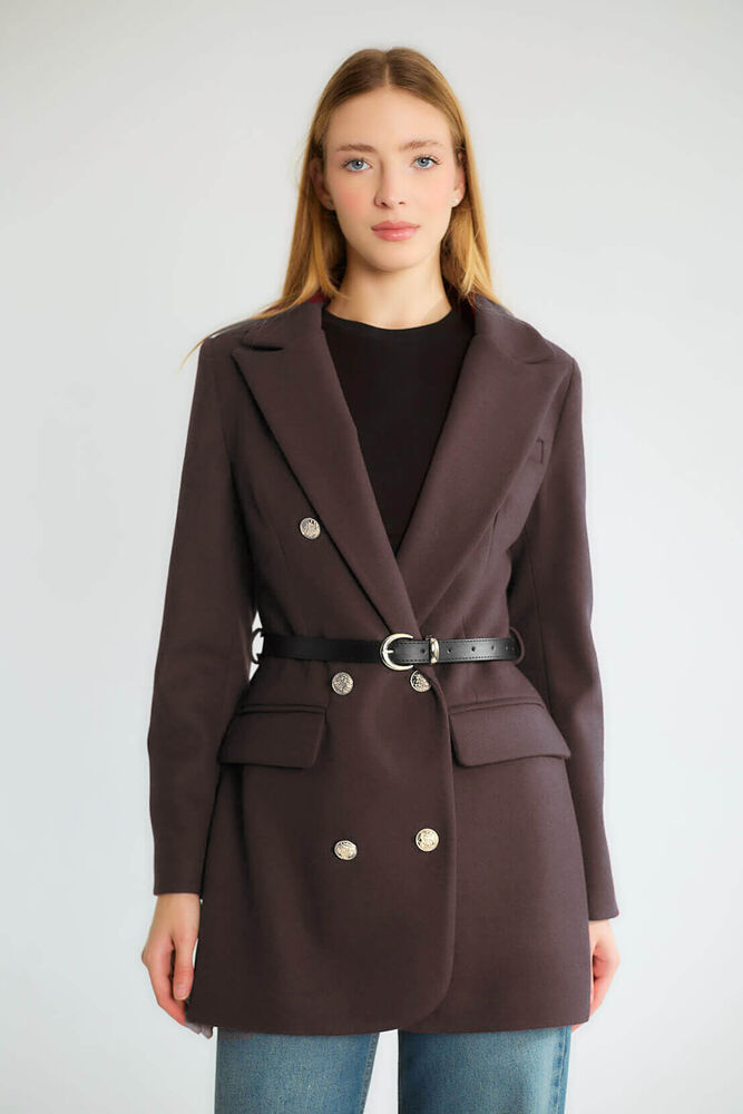 Kemerli Çift Sıra Altın Düğmeli Uzun Blazer - Vizon - 1