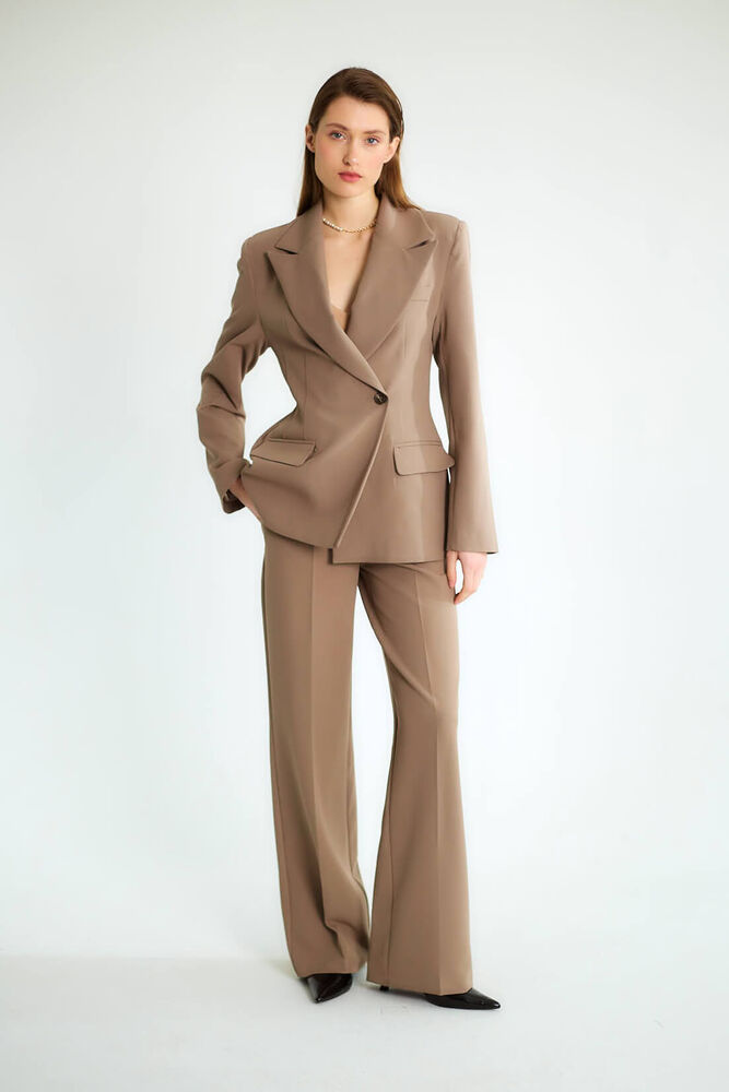 Kruvaze Blazer Ceketli Pantolonlu Takım - Vizon - 2