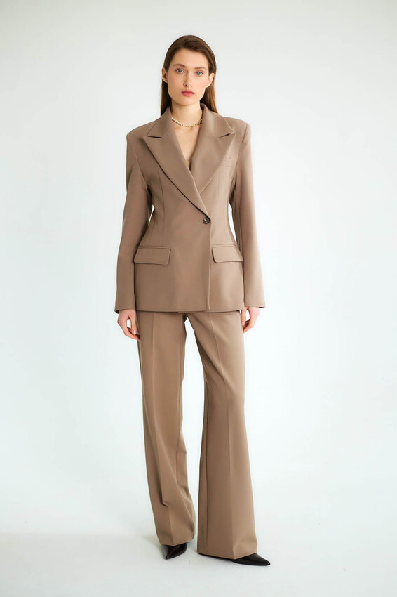 Kruvaze Blazer Ceketli Pantolonlu Takım - Vizon - 3