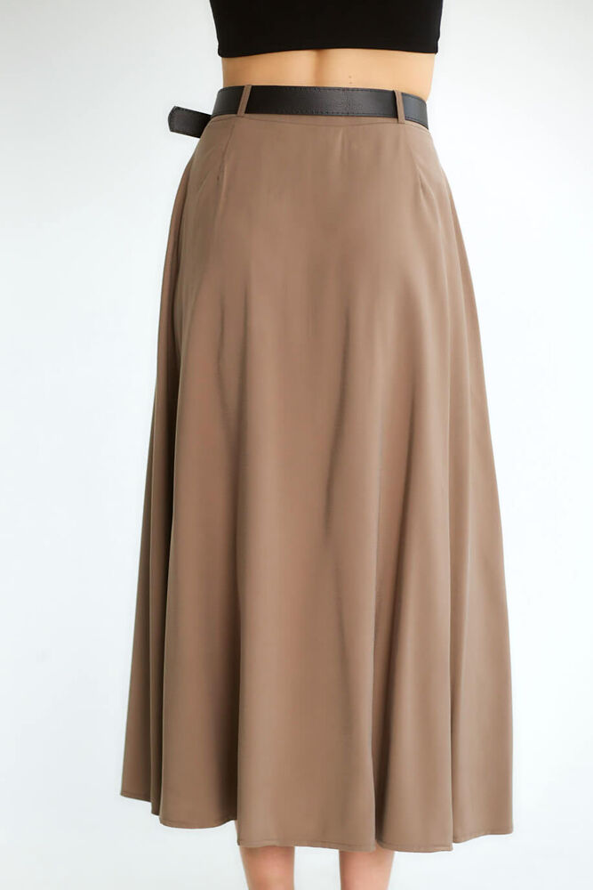Pileli Beli Kemerli Midi Etek - Vizon - 5